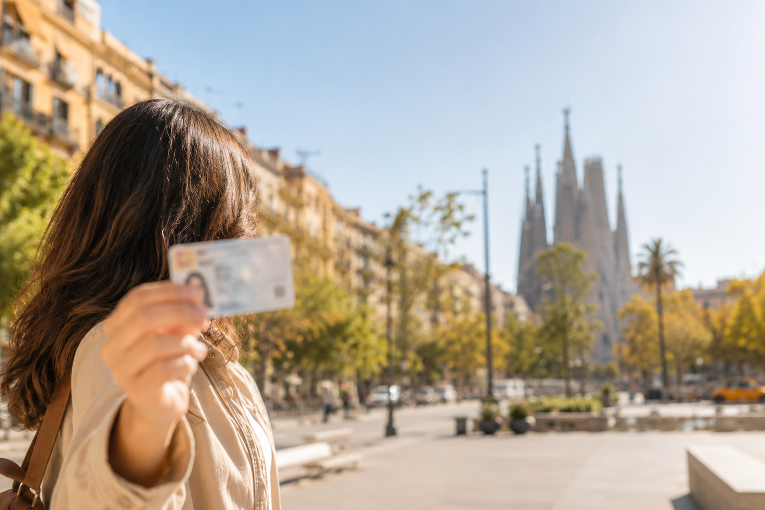 Persona de espaldas sosteniendo un documento tipo DNI desenfocado, con una calle soleada de Barcelona y la Sagrada Família al fondo.