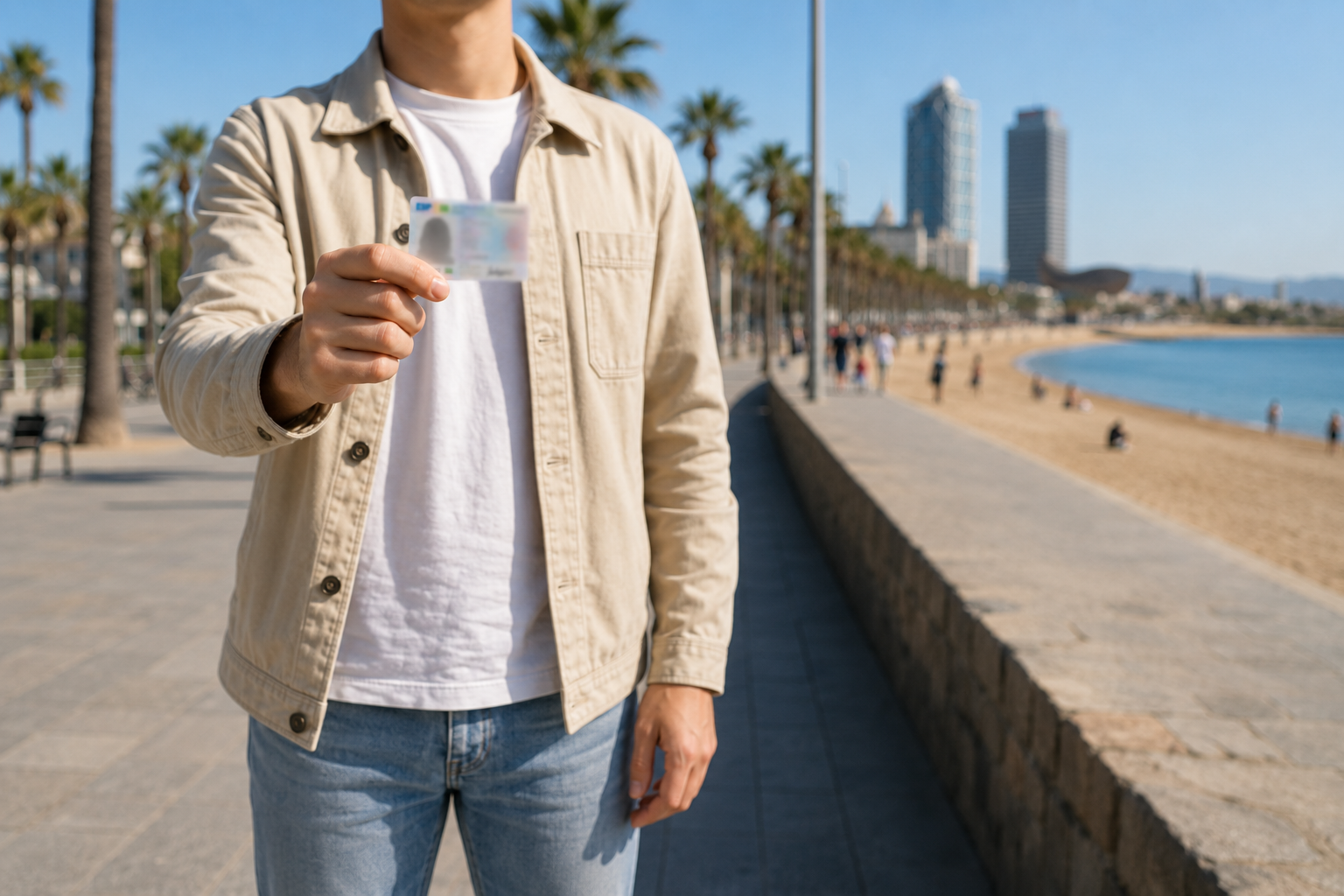 Persona sosteniendo una tarjeta NIE desenfocada en el paseo marítimo de la Barceloneta, con la playa y el mar al fondo.